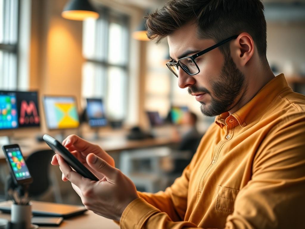 A mobile app developer in a modern workspace, analyzing app