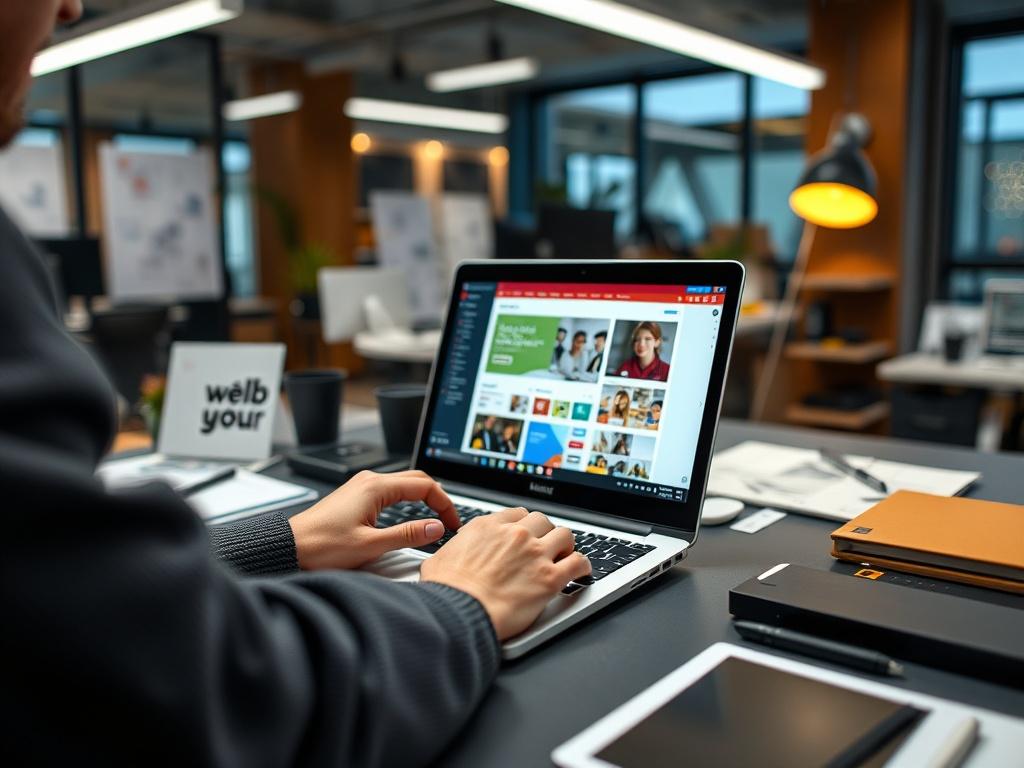 A modern, professional web developer working on a laptop, surrounded