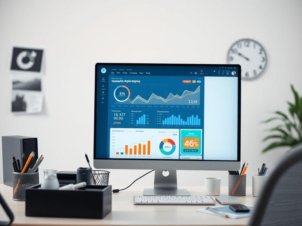 A clean and modern workspace with a computer screen displaying