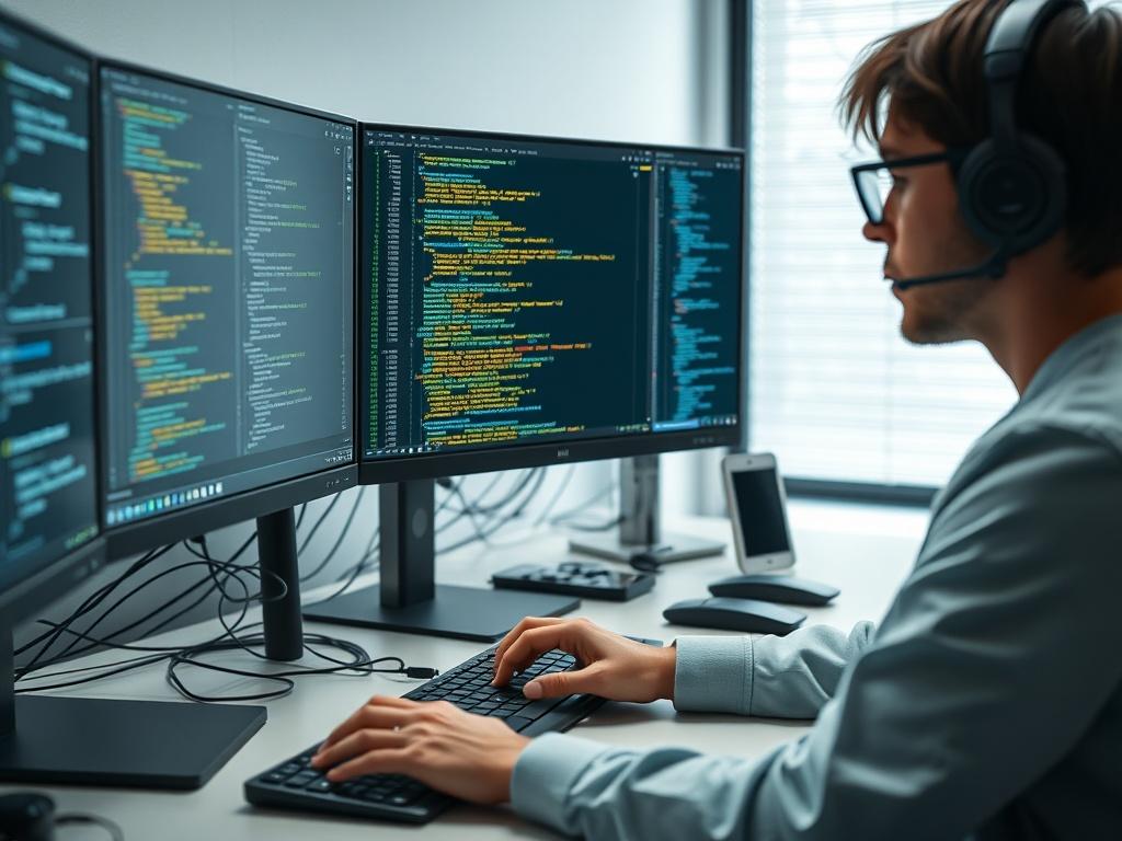 A programmer working on code at a computer, with multiple
