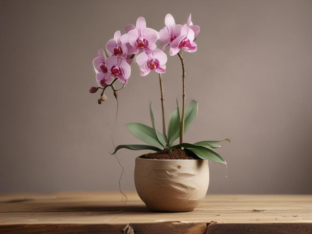 a single orchid plant in a rustic pot on a