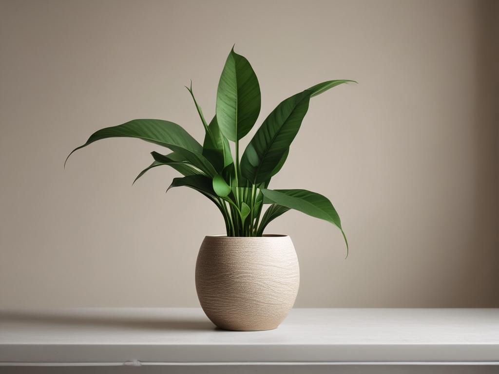 a single peace lily plant in a textured ceramic pot,