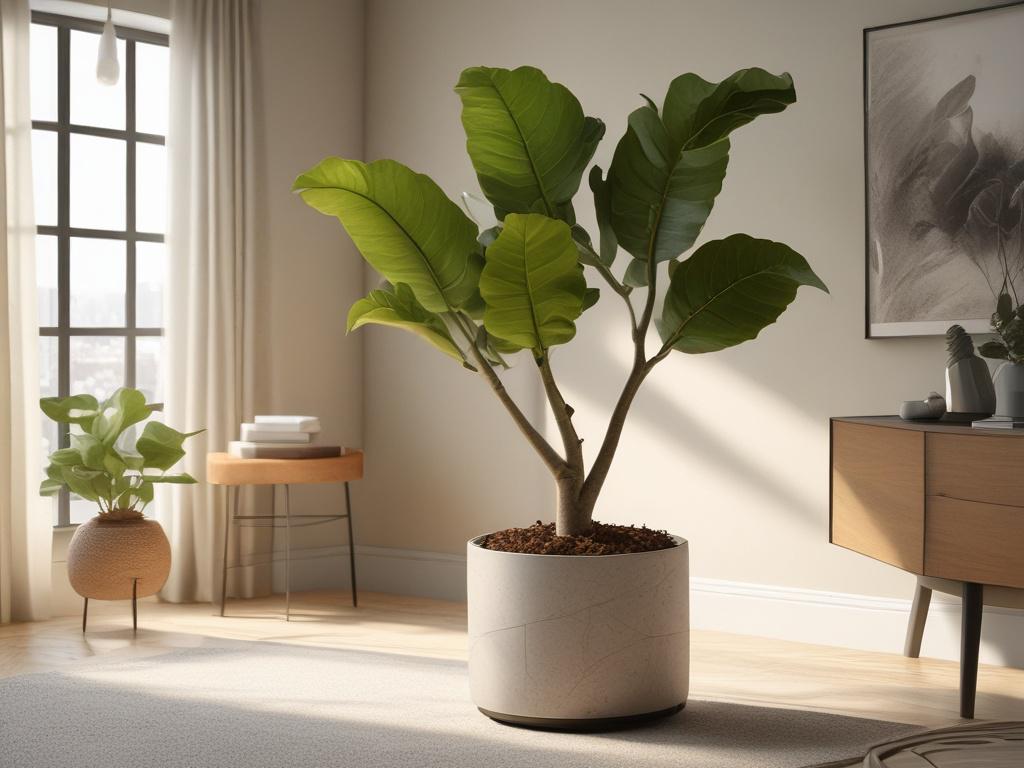 a vibrant fiddle leaf fig tree in a modern pot,