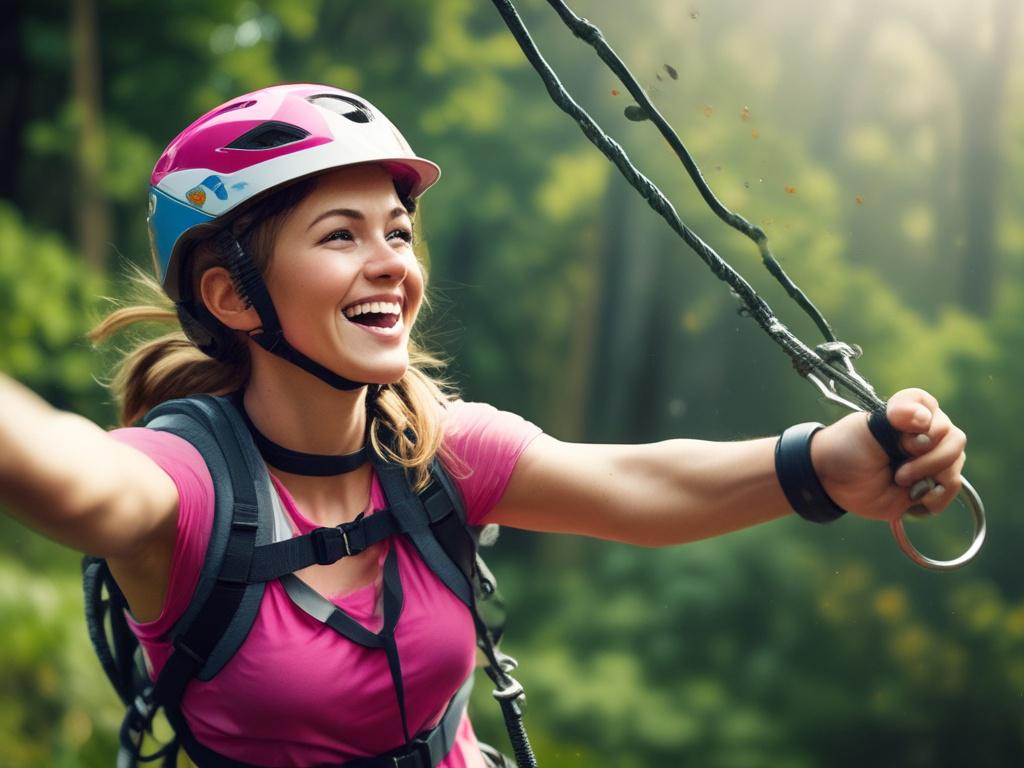 An energetic escort laughing joyfully while enjoying a thrilling outdoor