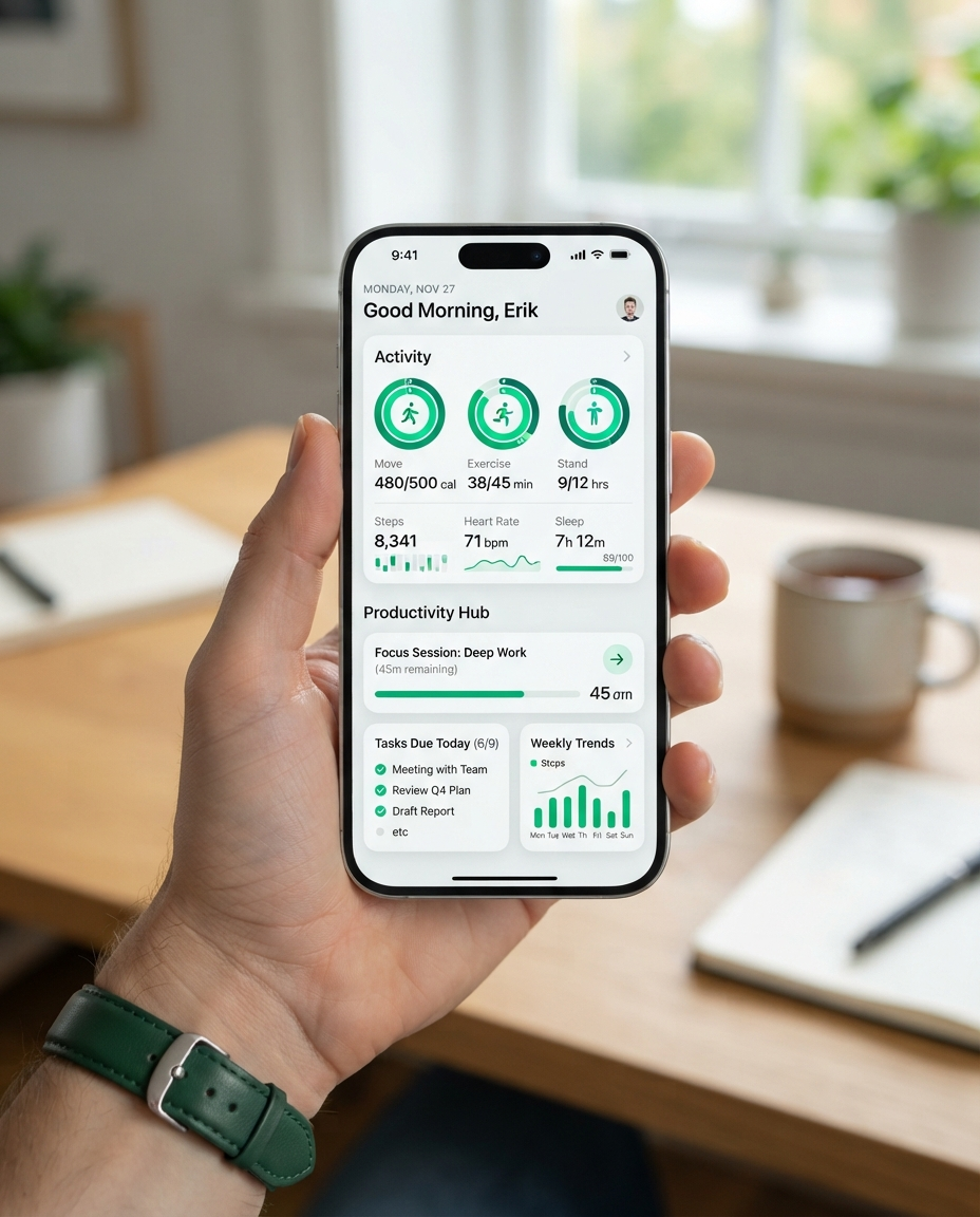 Modern smartphone displaying health and productivity dashboard