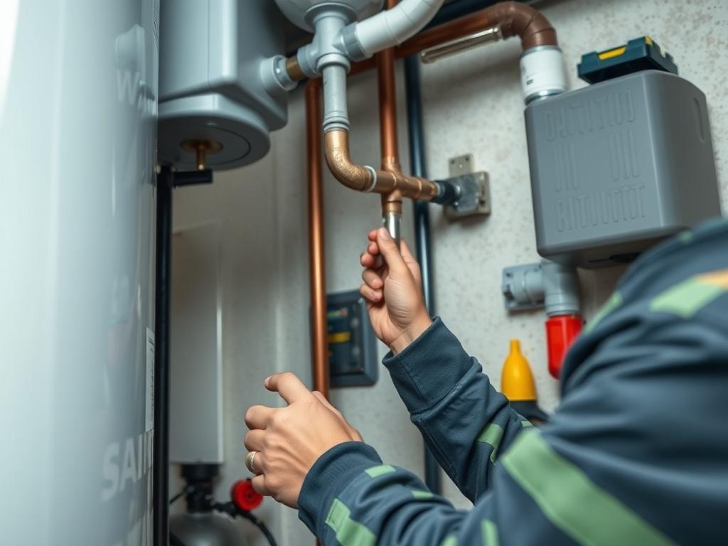 A close-up shot of a new hot water tank being installed in a utility room. The technician is connecting pipes, displaying attention to detail. The background includes utility tools and equipment, reflecting a professional installation environment.