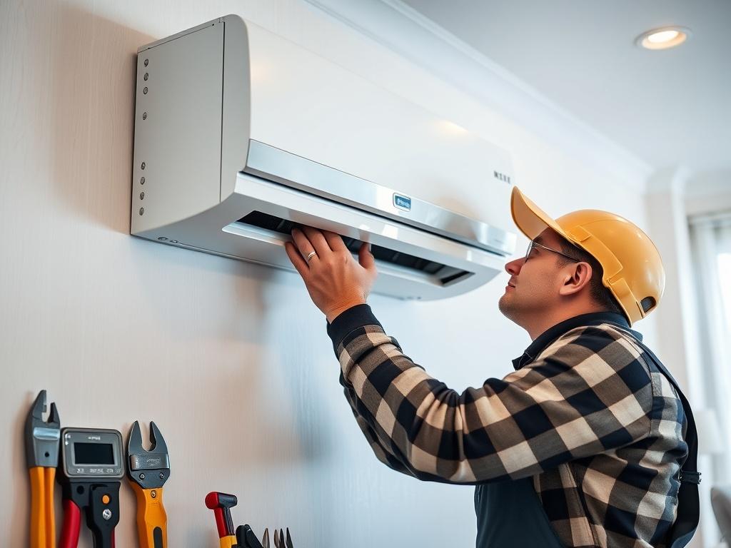 A close-up shot of a technician installing a mini split HVAC unit on a wall. The technician is focused, wearing safety gear, and tools are neatly arranged nearby. The background shows a well-lit room with modern decor, emphasizing the professionalism of the installation.