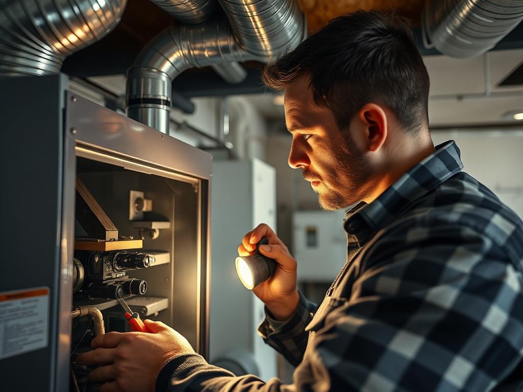 A technician troubleshooting a furnace in a basement. The technician is examining the furnace closely, using tools and a flashlight. The setting is a clean, organized basement with visible ductwork, emphasizing a professional atmosphere.