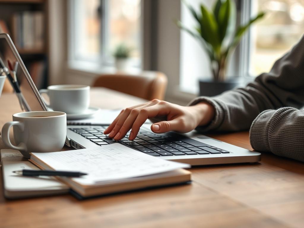A close up shot of a focused grant writer typing
