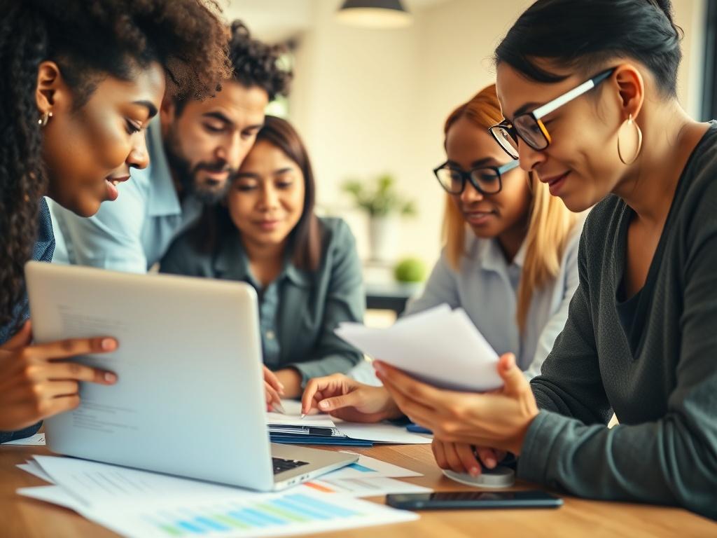 A close-up shot of a diverse group of professionals collaboratively working on grant writing. The scene captures an engaged woman with glasses, reviewing documents on a laptop, with colorful charts and grant application papers scattered around. A warm, inviting office environment enhances the focus on teamwork and dedication to securing funding. The background is softly blurred to keep the attention on the group, with natural light illuminating the workspace.