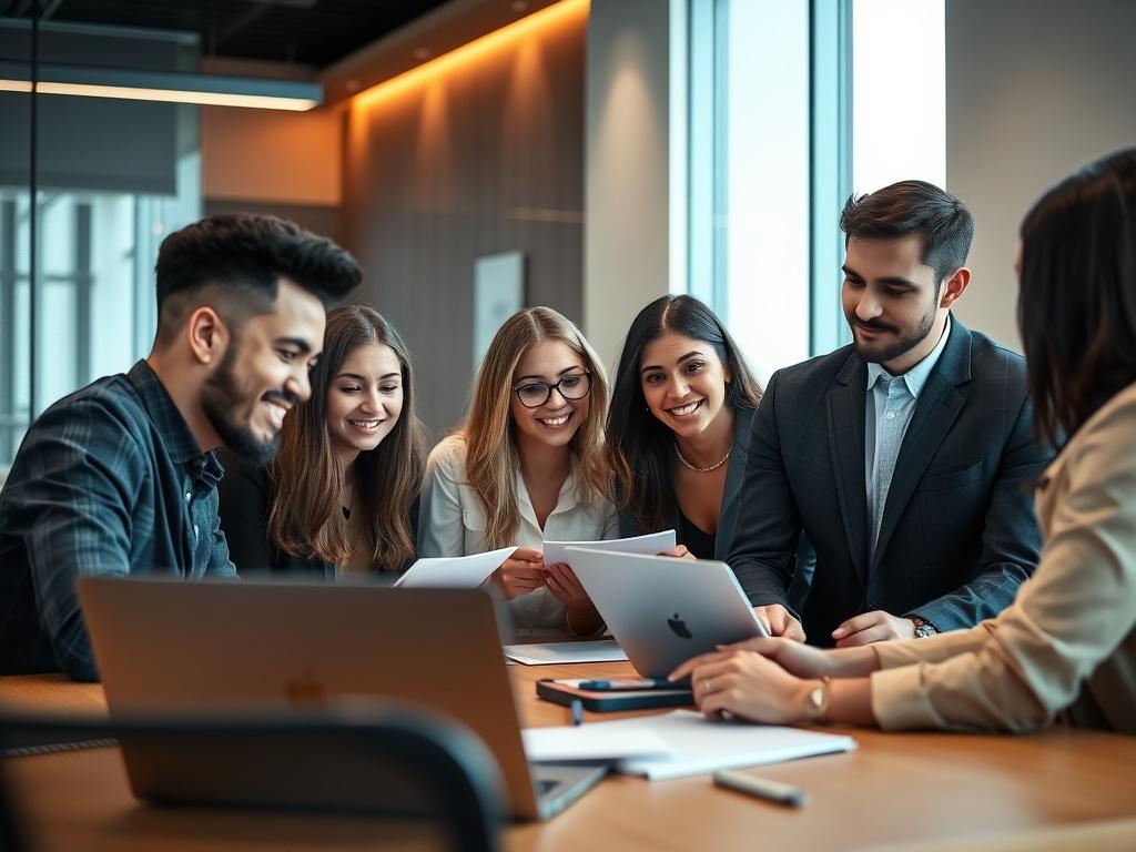 A hyper-realistic close-up shot of a diverse group of young professionals brainstorming around a modern workspace, with laptops and notepads. The background features a sleek office design in deep charcoal and white, with a hint of bold accent color. The scene captures a sense of collaboration, trust, and innovation.