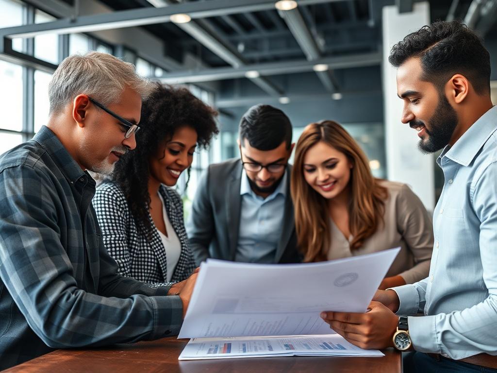 A close-up shot of a diverse group of entrepreneurs collaborating over a business plan, showcasing creativity and teamwork. The setting should reflect a modern, professional environment with deep charcoal and white design elements, captured with a 45mm f/1.2 lens.