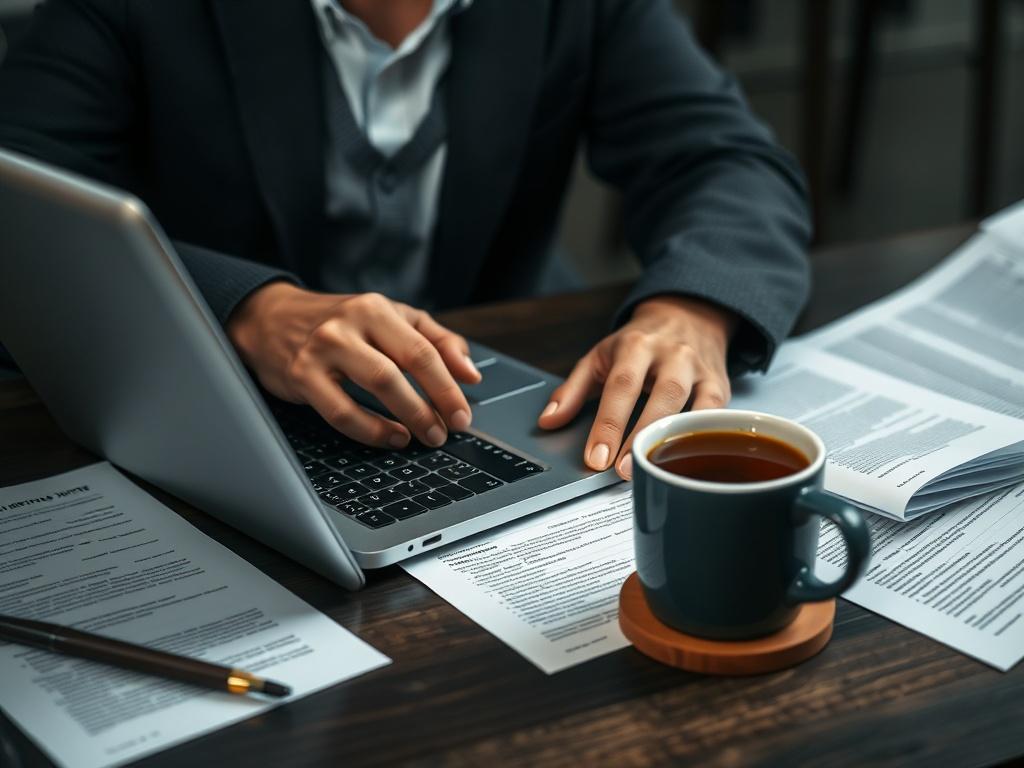 A close-up shot of a focused individual working on a laptop, surrounded by documents and a coffee cup, representing the grant writing process. The scene should exude a professional atmosphere, with a stylish workspace and deep charcoal and white color scheme, captured with a 45mm f/1.2 lens.