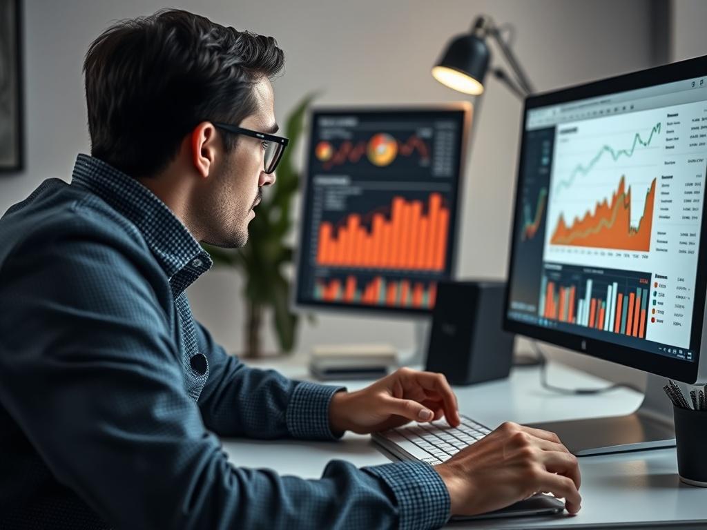 A close-up shot of a digital marketer analyzing online engagement metrics on a computer screen, showcasing the digital content management process. The workspace should embody a modern and professional feel, with deep charcoal and white tones, captured with a 45mm f/1.2 lens.