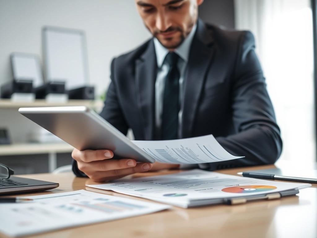A close-up shot of a financial consultant analyzing credit reports on a tablet, focused and engaged in the process. The workspace should reflect professionalism with a modern aesthetic, utilizing deep charcoal and white colors, captured with a 45mm f/1.2 lens.