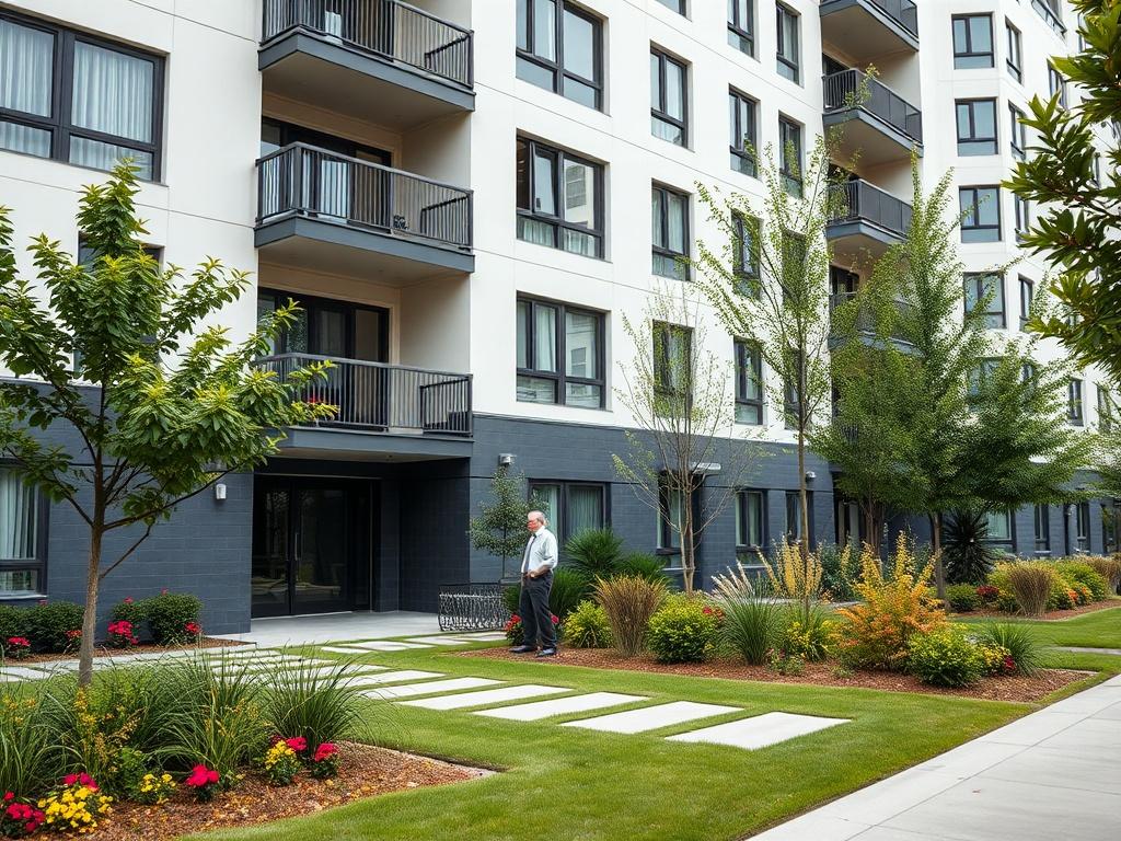 A close-up shot of a modern apartment building with a clean and contemporary design, showcasing well-maintained grounds and vibrant landscaping, captured with a 45mm f/1.2 lens. The image should reflect professionalism and trustworthiness, with deep charcoal and white elements in the architecture.