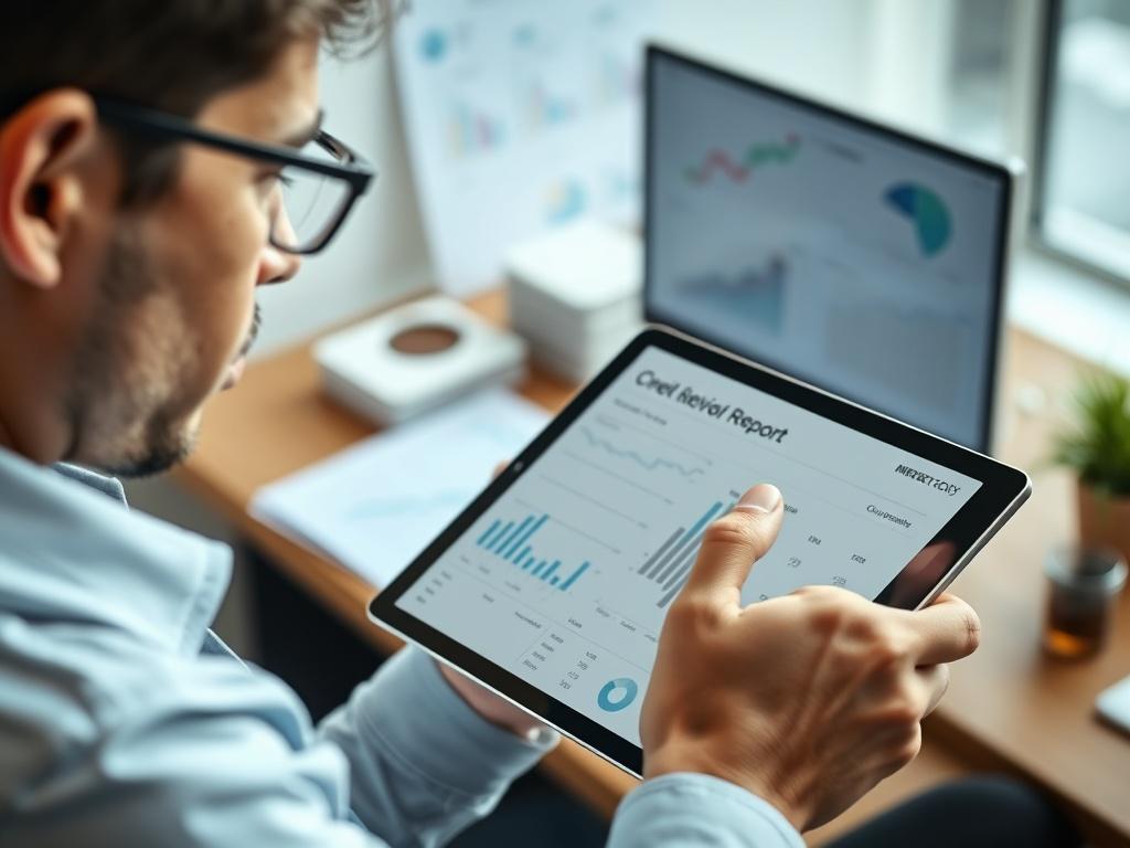 A close-up shot of a financial analyst reviewing a credit report on a tablet, with graphs and charts visible. The focus is on the analyst's thoughtful expression as they interpret the data. The background features a modern office environment with financial documents and a computer, creating a professional atmosphere.