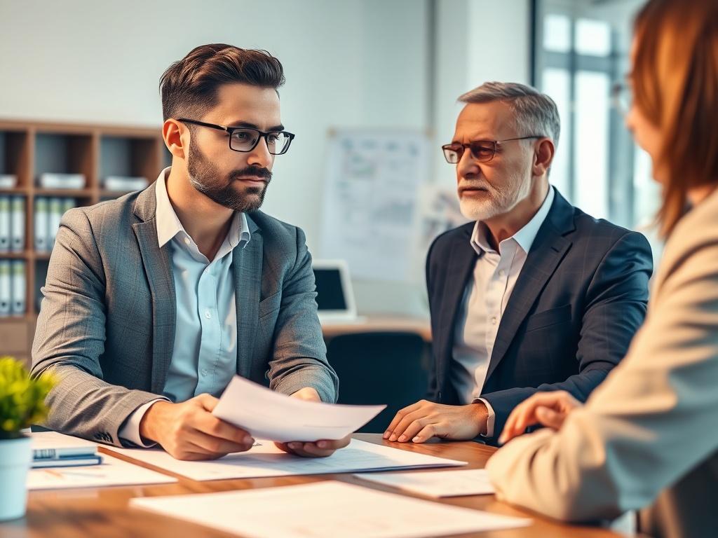 A close-up shot of a professional property manager discussing with a property owner in a modern office setting. The background features property management materials like lease agreements and tenant forms, with a focus on the engaged conversation. The lighting is warm and inviting, showcasing a clear and organized workspace.