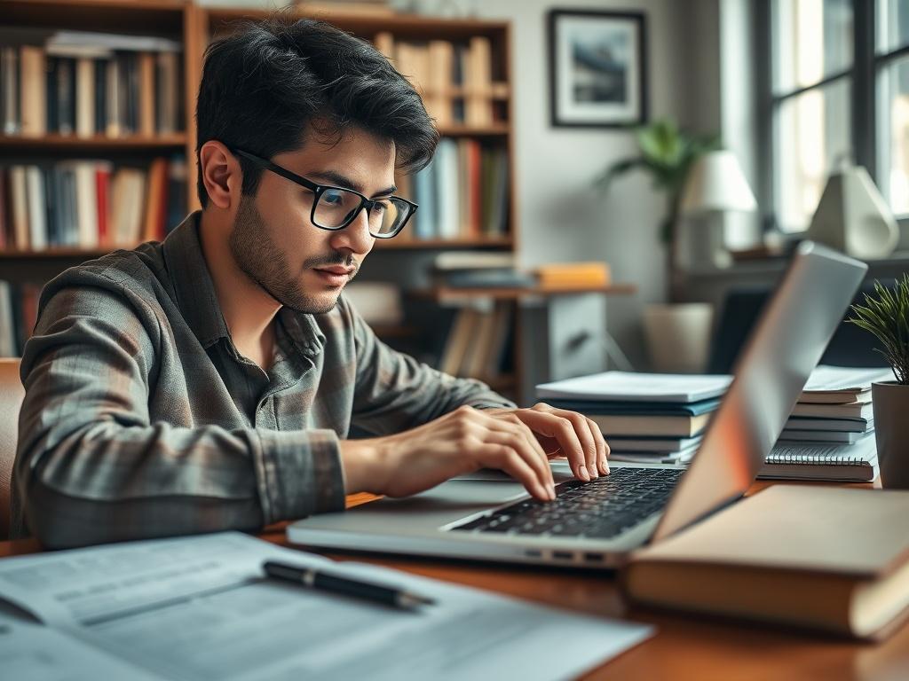 A close-up shot of a professional grant writer typing on a laptop, surrounded by research papers and funding guidelines. The focus is on the writer's concentrated expression, highlighting the importance of crafting a compelling proposal. The setting is a well-lit office filled with books and resources, emphasizing a scholarly atmosphere.
