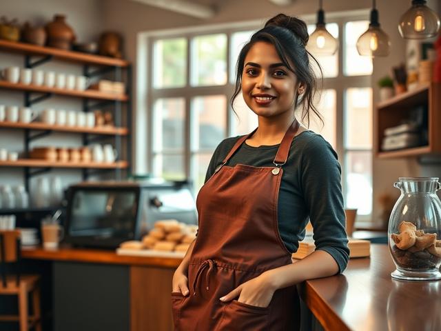 Create a realistic high-resolution photo that captures the essence of "Small Business Development Tips." The image should feature a confident and diverse small business owner, a South Asian woman in her early 30s, standing proudly in her vibrant coffee shop. The subject should be positioned in the center of the frame, wearing a stylish apron, and casually leaning against the wooden counter, showcasing her connection to her business.

The background should subtly feature the warm and inviting interior of the