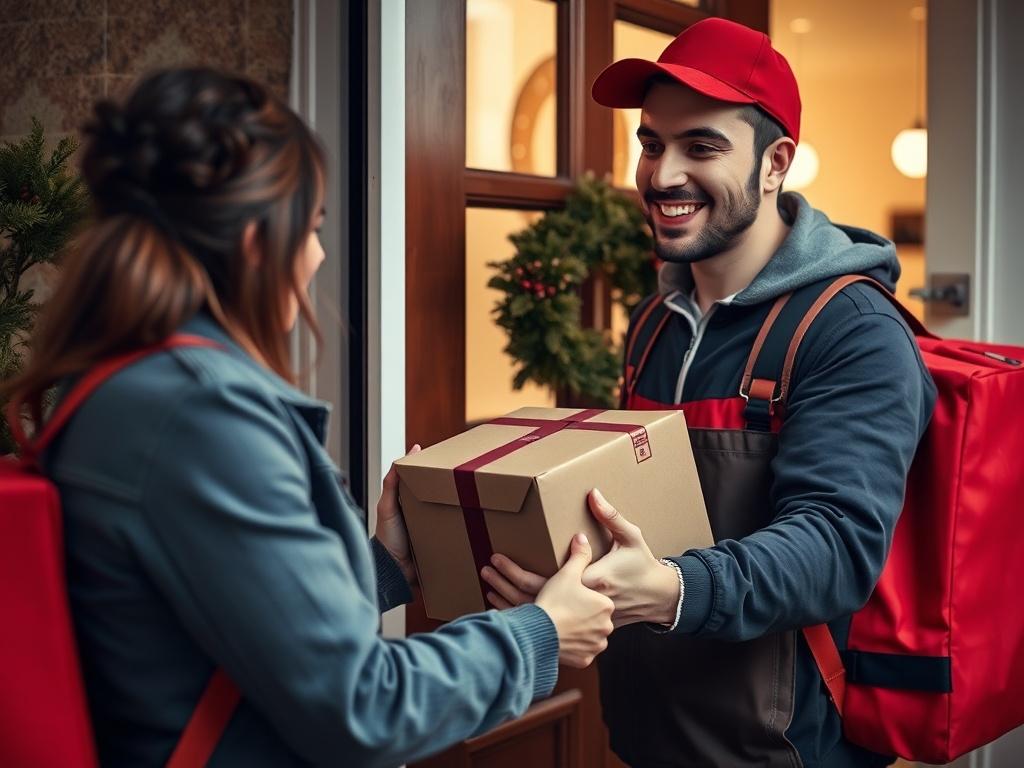 A close up shot of a delivery driver handing a