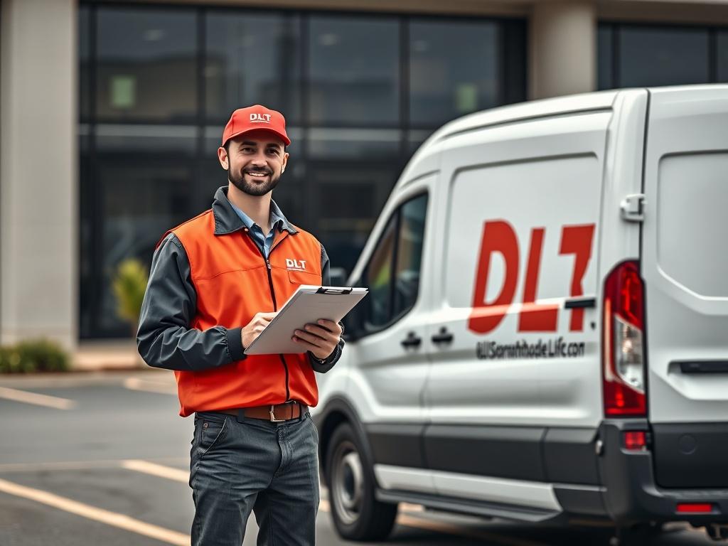 A professional DLT Logistics courier standing next to a delivery