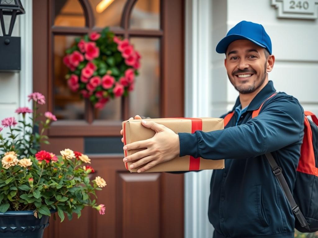 A close up shot of a courier delivering a package