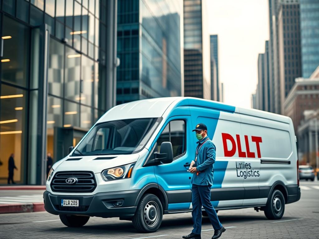 A focused shot of a DLT Logistics van parked in