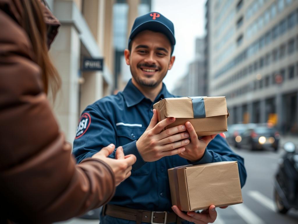 A close up shot of a courier in a branded