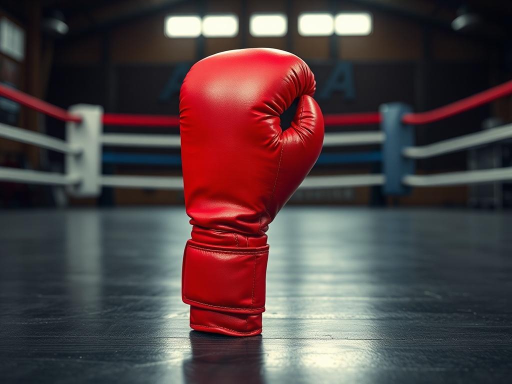 **AI Image Generation Prompt:**

Create a realistic high-resolution photo of a professional boxing glove positioned prominently in the center of the frame. The glove should be a vibrant red color, showcasing its sleek design and intricate stitching details. The glove should be placed on a smooth, dark wooden gym floor to convey a training environment. 

In the background, subtly hint at a boxing ring with blurred ropes and soft lighting to provide context without detracting from the main subject. The enviro