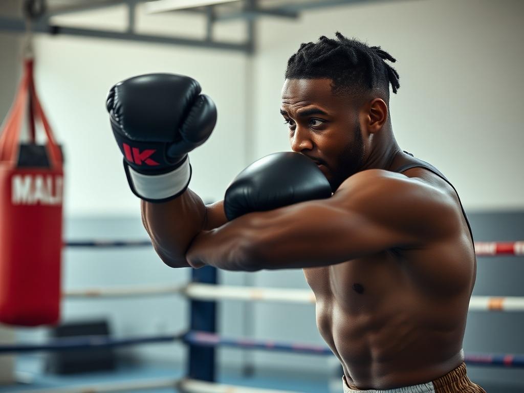 Create a highly realistic high-resolution image that encapsulates the inspiring journey of Muhammad Musa, capturing his transformation from a novice to a boxing champion. The composition should focus on Muhammad Musa as the sole subject, showcasing him during a training session in a boxing gym. 

Depict him in mid-action, throwing a powerful punch with intensity and determination etched on his face. His physique should reflect the discipline and hard work he has put into his training, showcasing defined muscles and athleticism. Dress him in professional boxing gear, including gloves, shorts, and a tank top, embodying the essence of a committed athlete. 

In the background, create a simple and clear gym setting with essential elements like a boxing ring, a punch bag, and training equipment blurred slightly to keep the emphasis on Muhammad. The lighting should be bright and focused on him, creating a dynamic atmosphere that illustrates his dedication and ambition. 

The color palette should incorporate cool tones with hints of warm light to evoke a sense of motivation and energy. Ensure the image captures the spirit of determination, resilience, and the journey of growth that defines Muhammad Musa. Avoid any text or abstract shapes in the image.