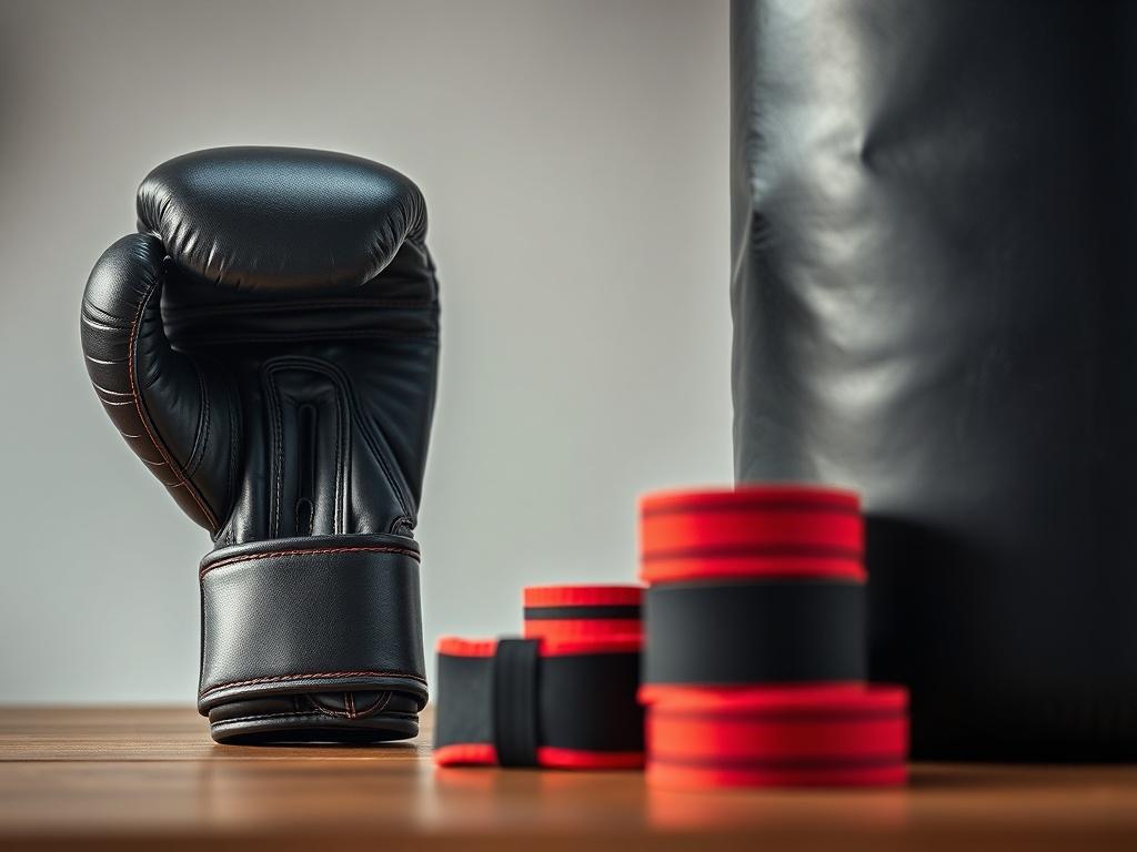 A hyper-realistic close-up image showcasing a professional training package with premium boxing gloves, advanced hand wraps, and a heavy-duty punching bag. The background should be minimalistic, emphasizing the quality and seriousness of the gear.