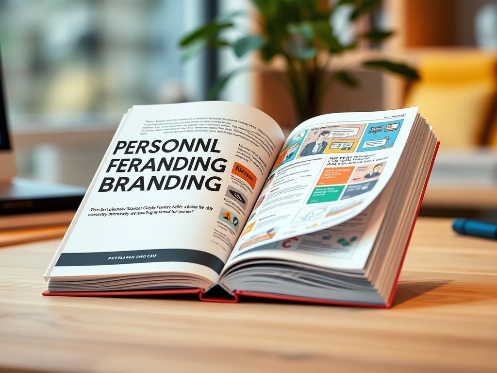 A close-up shot of a well-designed personal branding guidebook, featuring a sleek cover with modern typography. The book is opened to showcase its colorful pages filled with vibrant illustrations and engaging content. The background is a soft-focus office setting with a desk and a plant, creating a professional and inviting atmosphere.