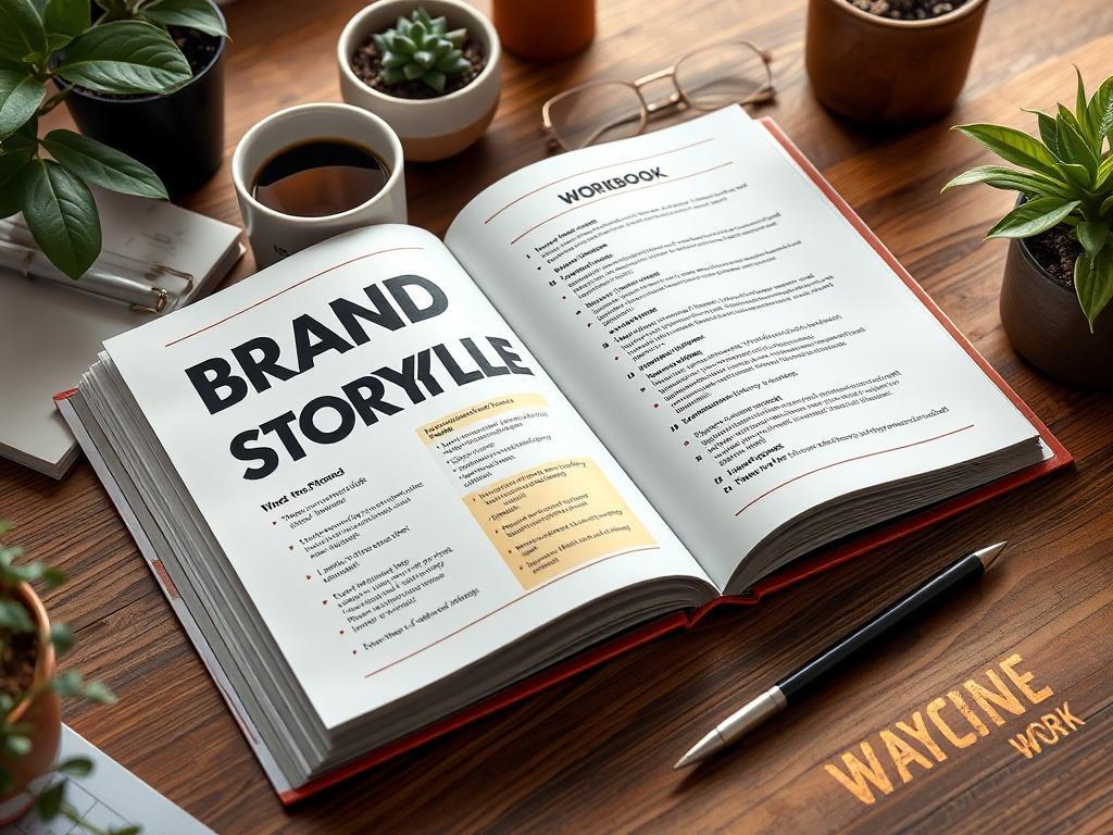 A high-resolution image of an open workbook titled 'Brand Storytelling Workbook', showing colorful, engaging pages filled with prompts and creative exercises. The workbook is placed on a wooden desk with a coffee cup and a pen, surrounded by plants, creating a cozy and inspiring workspace.