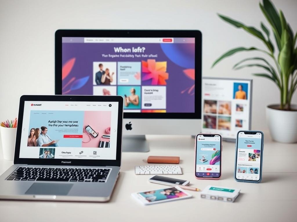 A visually appealing layout of the Digital Branding Toolkit, featuring digital templates displayed on various devices like a laptop, tablet, and smartphone. The background is light and airy, with some colorful design elements that reflect creativity and modern branding.