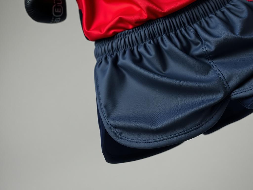 A hyper-realistic close-up shot of boxing apparel, featuring a moisture-wicking shirt and breathable shorts displayed on a simple background. Focus on the fabric texture, colors, and design details, shot with a 45mm f/1.2 lens.