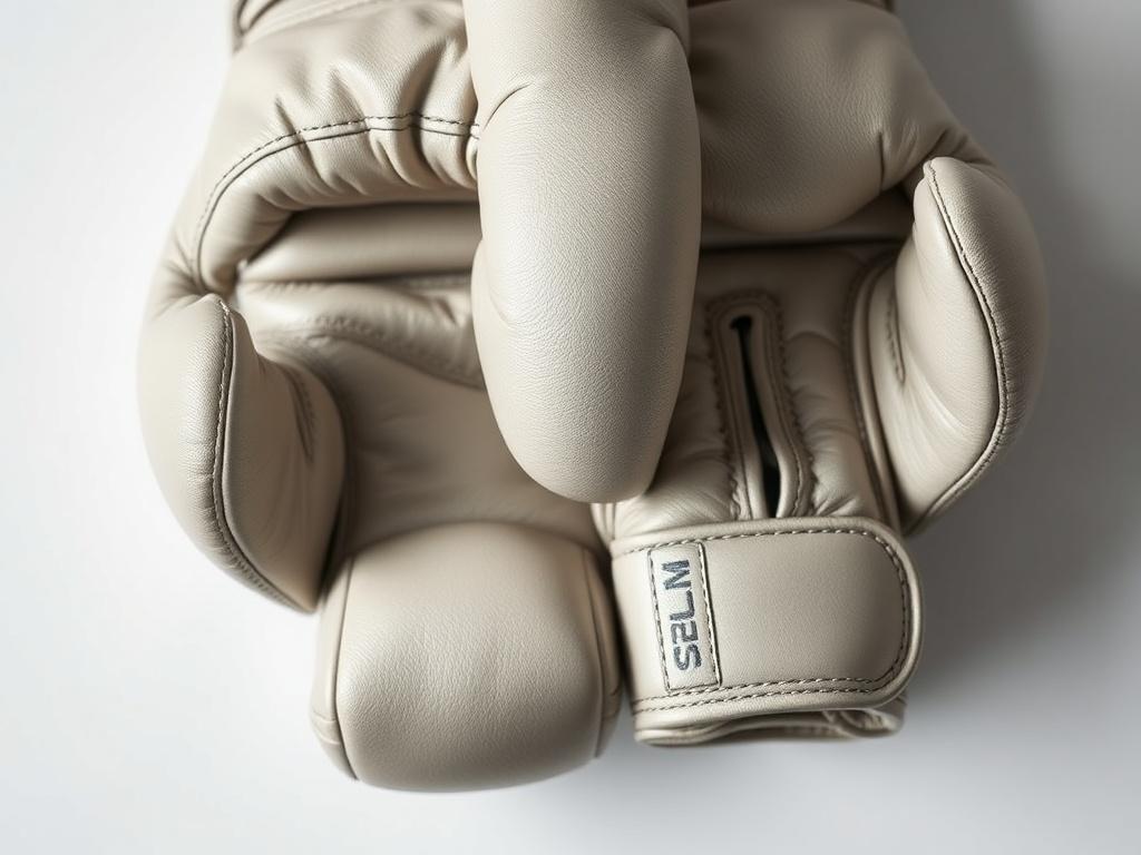 A hyper-realistic close-up shot of premium boxing gloves, showcasing the intricate stitching and padding. The gloves should be displayed on a clean, simple background to highlight their design. The image should capture the texture of the leather, with a focus on the colors and details of the gloves, shot with a 45mm f/1.2 lens.