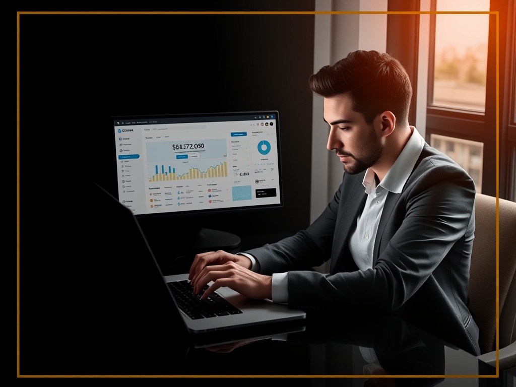 Business owner working on a laptop with social media dashboards visible in luxury dark theme with gold accents