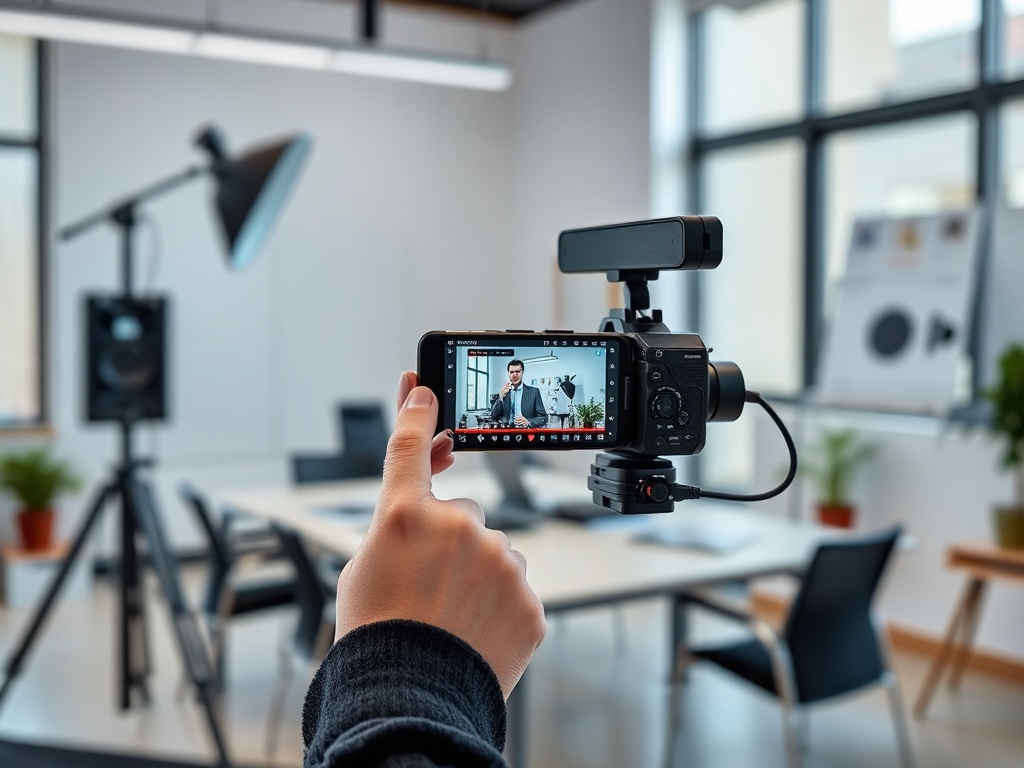 Professional content creator recording video content using phone or camera in clean modern workspace