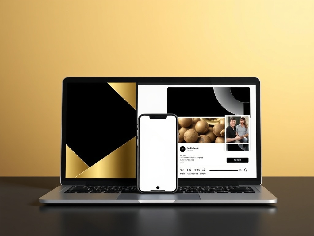 Premium mockup of clean digital flyers and social media graphics on phone and laptop with black and gold business aesthetic
