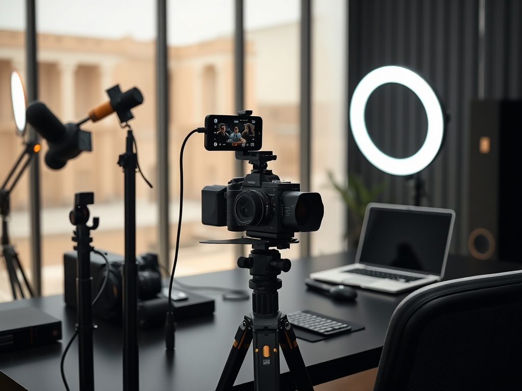 Video Content - Professional video creation setup with camera and modern workspace