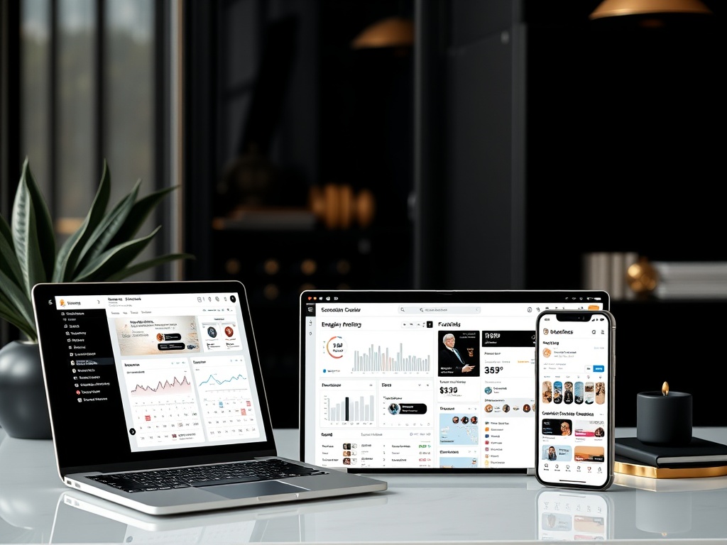 Content Systems - Social media dashboards and content planning on laptop and phone screens