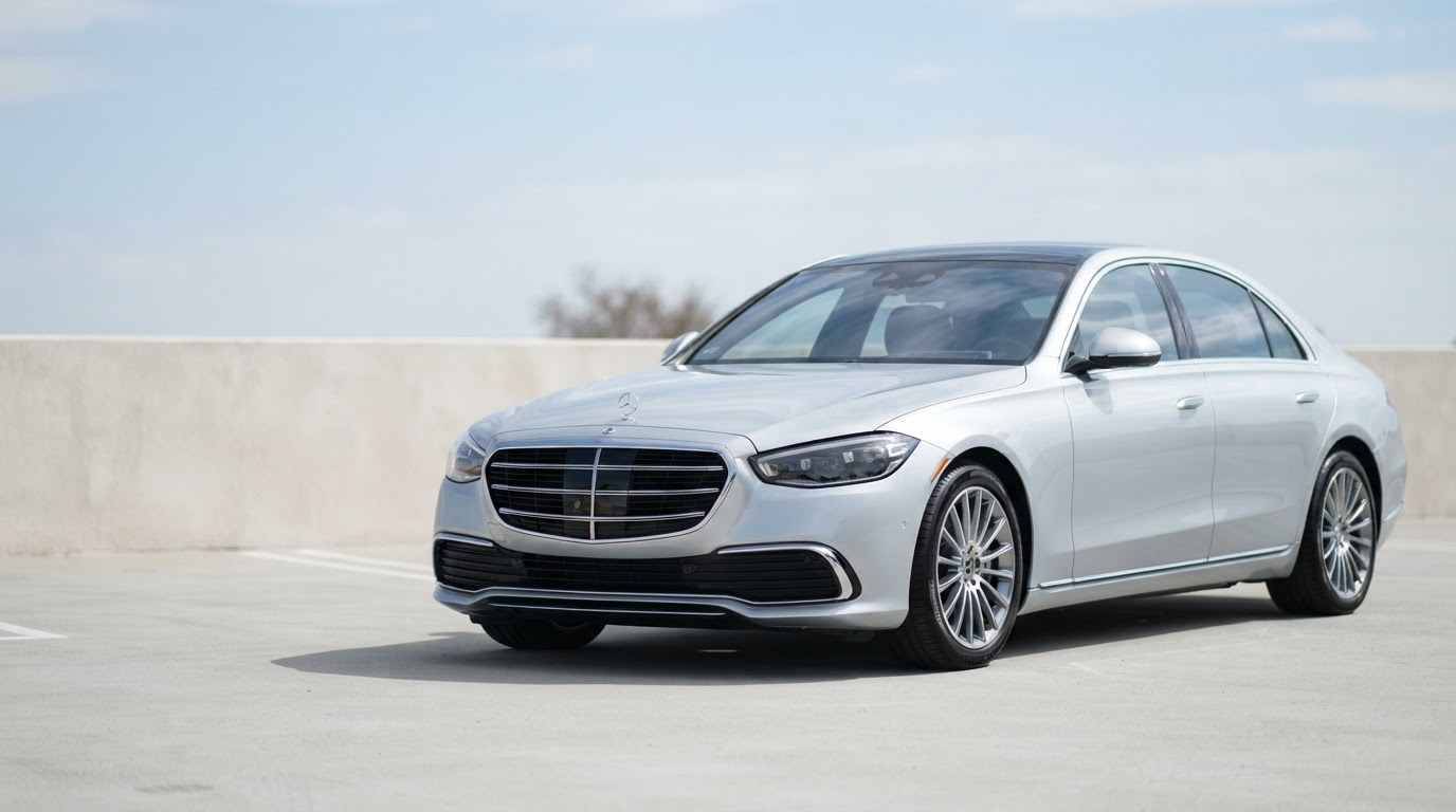 Freshly detailed silver car with sky reflections in its glossy paint, parked in bright daylight
