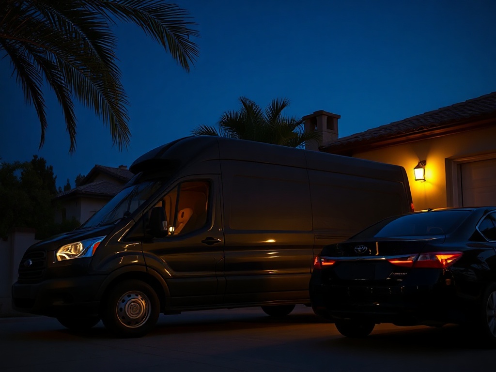 Mobile detailing van and sedan in a Santa Barbara driveway at dusk