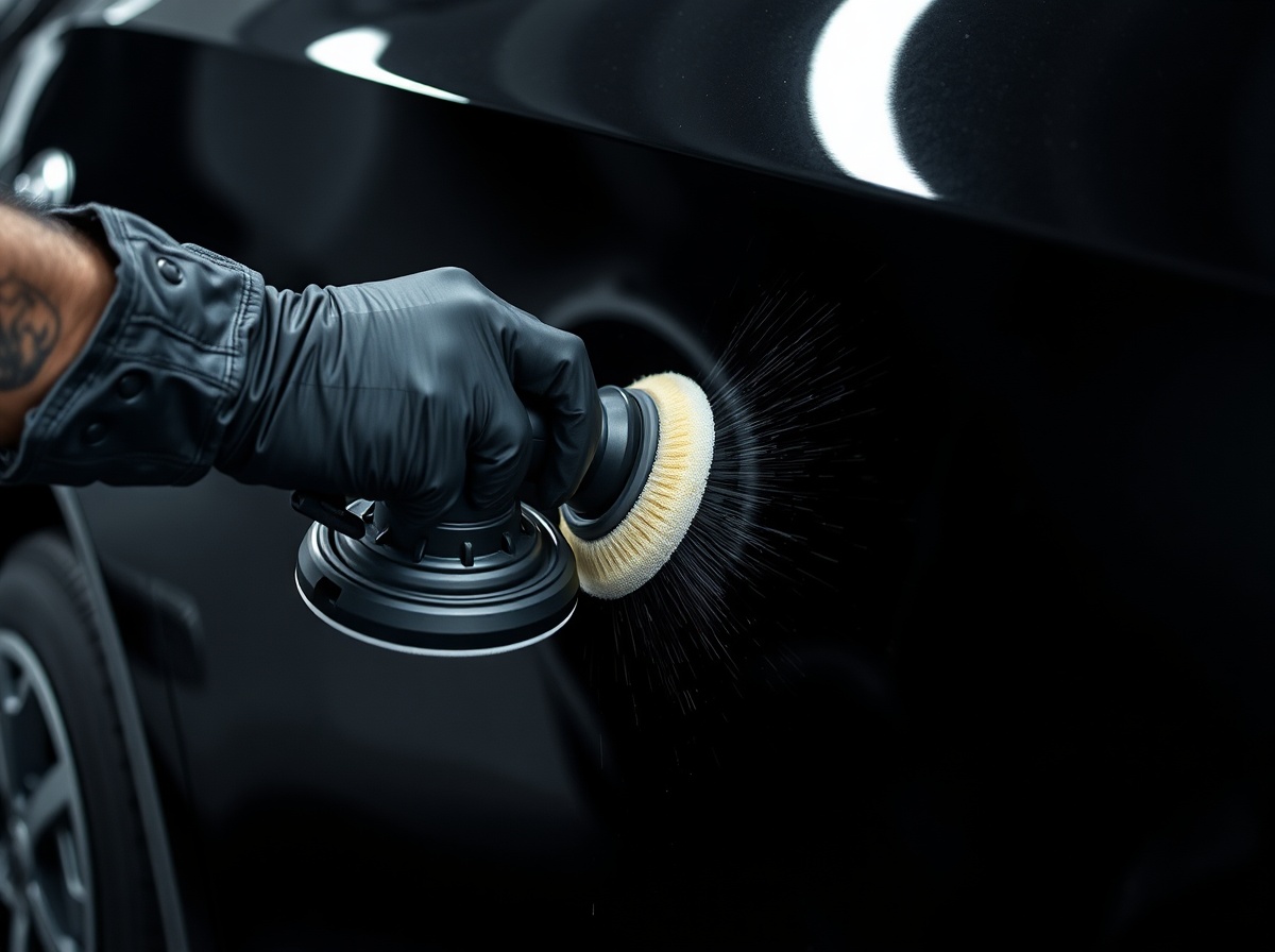 Machine polisher correcting paint on a dark car panel