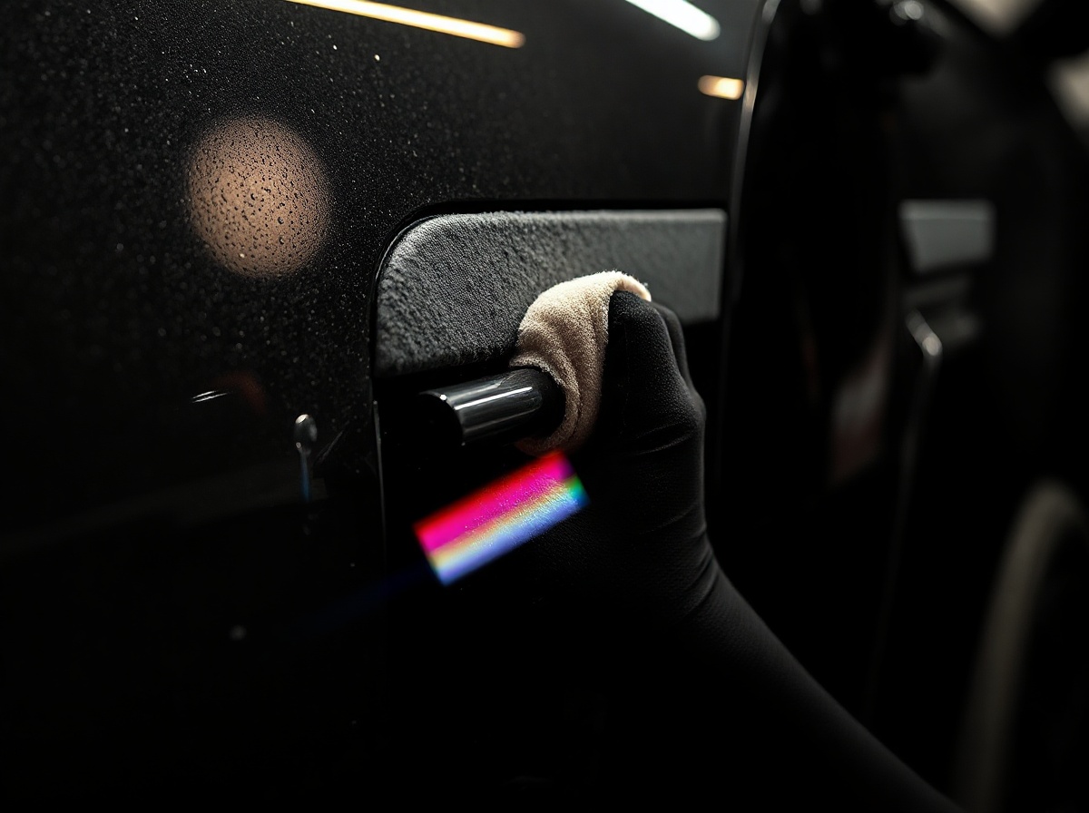 Ceramic coating being leveled by hand on an interior trim panel