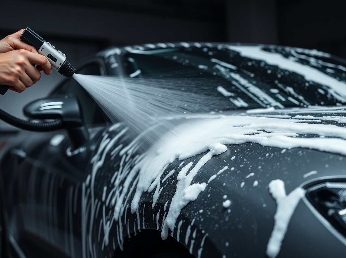 Foam pre-soak covering a black car during a two-bucket hand wash