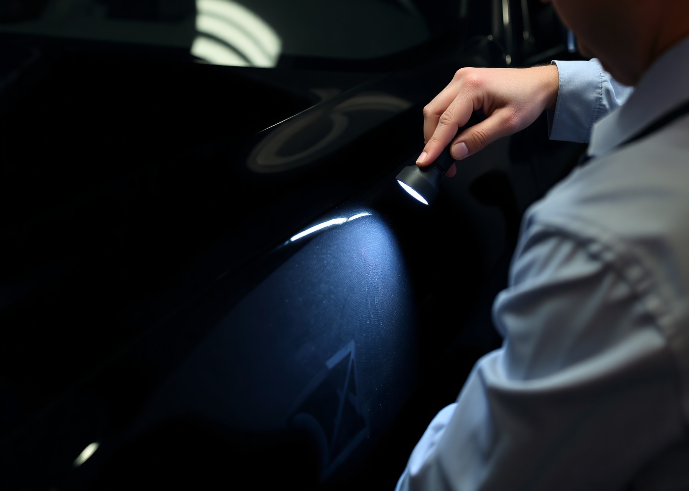 Detailer inspecting a half-corrected black panel under a swirl-finder light