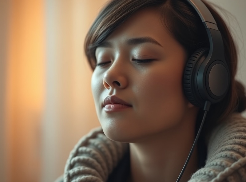 A person wearing headphones listening to music with a peaceful and calm expression