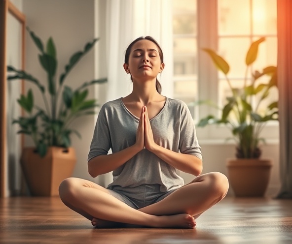 Person meditating peacefully in a calm environment with soft lighting, practicing mindfulness and inner peace